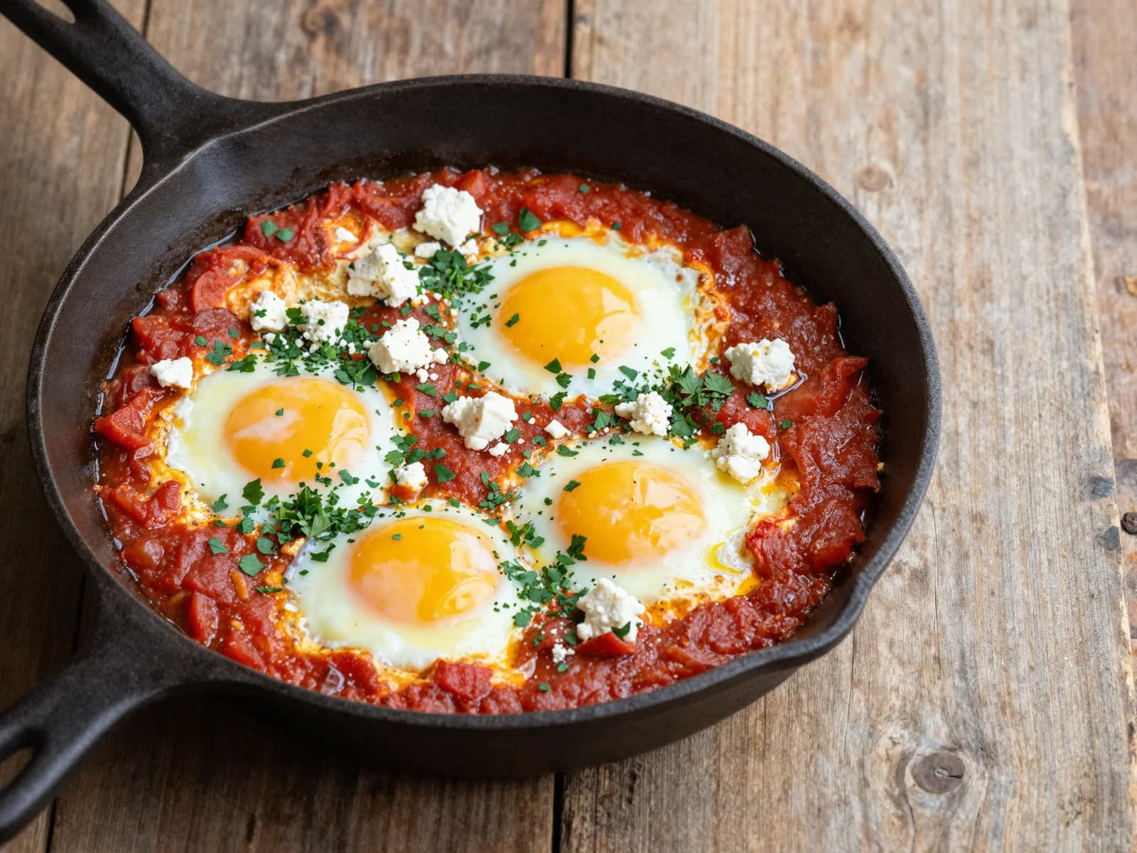 Shakshuka in a cast-iron skillet, overhead